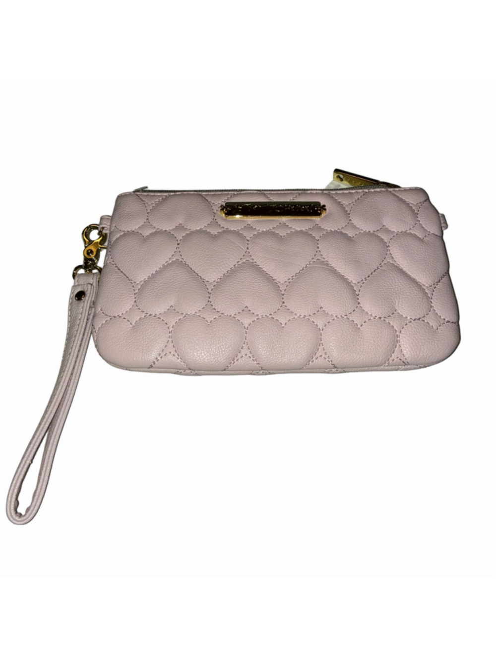 Betsey Johnson Heart Quilted Wristlet Clutch with portable charger, 8”, Pink